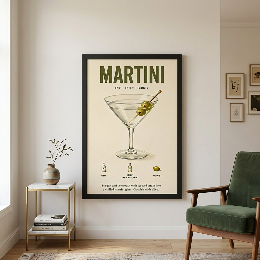Martini Tarifi – Vintage Çerçeveli Poster — Siyah — Paspartusuz — TabloLab