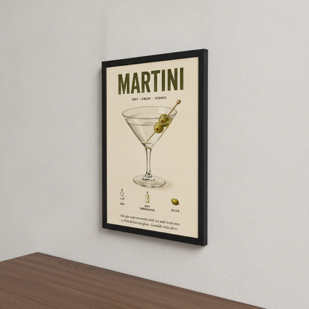 Martini Tarifi – Vintage Çerçeveli Poster — Siyah — Paspartusuz — TabloLab