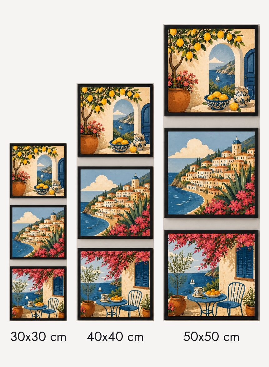 Mediterranean Escape 3’lü Tablo Seti | Akdeniz Manzarası İllüstrasyonları | Renkli Duvar Dekoru** — Siyah — Tam Baskı — TabloLab