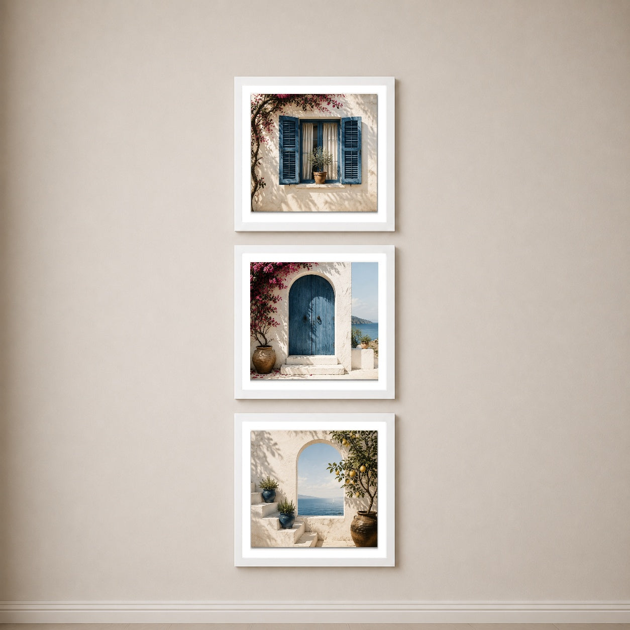Mediterranean Windows 3’lü Tablo Seti | Akdeniz Pencereleri | Minimal Duvar Dekoru — Beyaz — Beyaz Kenarlı — TabloLab