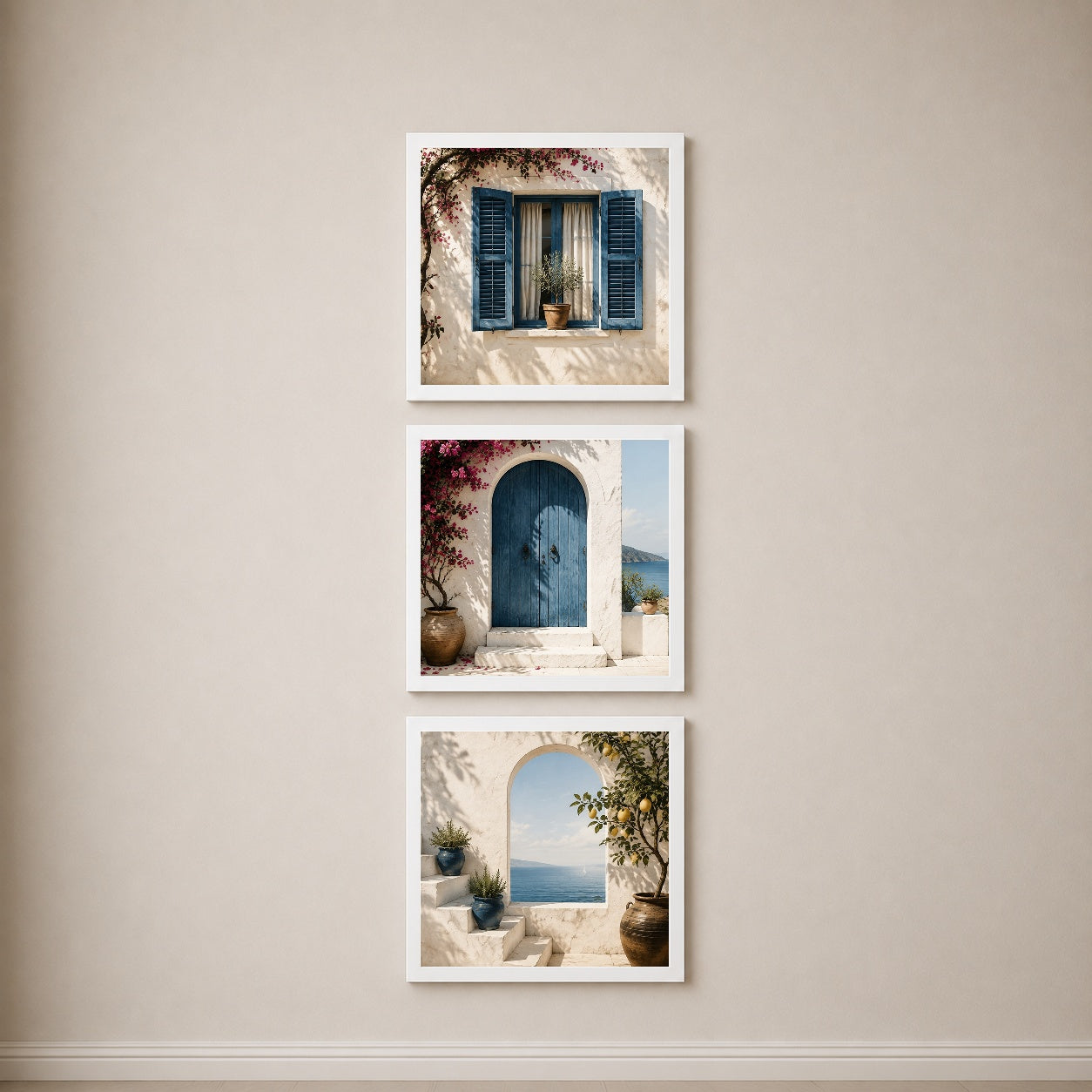 Mediterranean Windows 3’lü Tablo Seti | Akdeniz Pencereleri | Minimal Duvar Dekoru — Beyaz — Tam Baskı — TabloLab