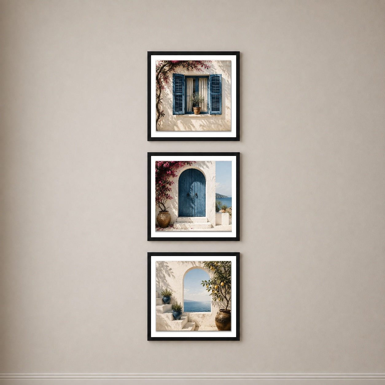 Mediterranean Windows 3’lü Tablo Seti | Akdeniz Pencereleri | Minimal Duvar Dekoru — Siyah — Beyaz Kenarlı — TabloLab