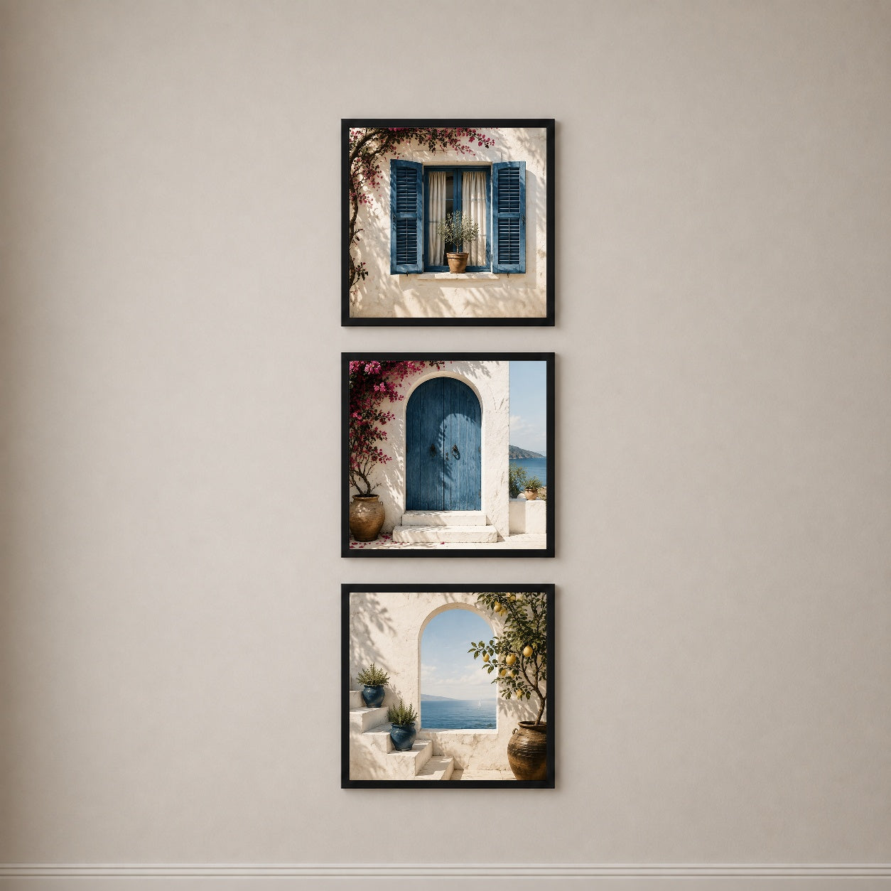 Mediterranean Windows 3’lü Tablo Seti | Akdeniz Pencereleri | Minimal Duvar Dekoru — Siyah — Tam Baskı — TabloLab