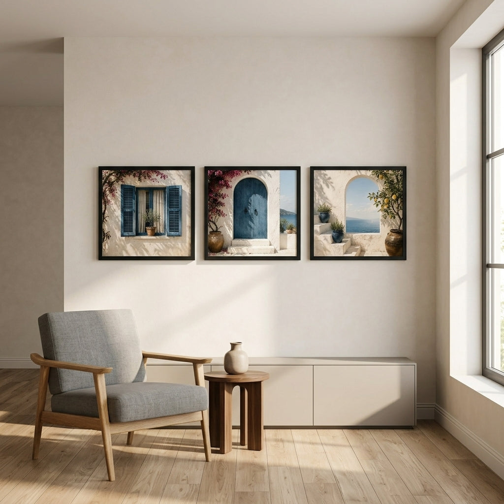 Mediterranean Windows 3’lü Tablo Seti | Akdeniz Pencereleri | Minimal Duvar Dekoru — Siyah — Tam Baskı — TabloLab