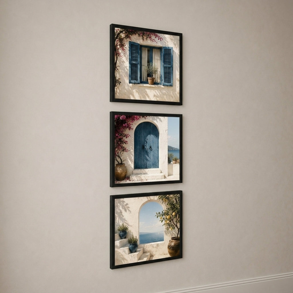 Mediterranean Windows 3’lü Tablo Seti | Akdeniz Pencereleri | Minimal Duvar Dekoru — Siyah — Tam Baskı — TabloLab