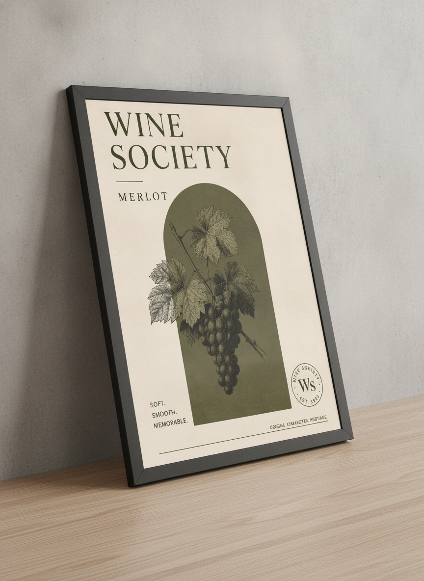 Merlot Bağbozumu – Retro Çerçeveli Poster — Siyah Çerçeve — TabloLab
