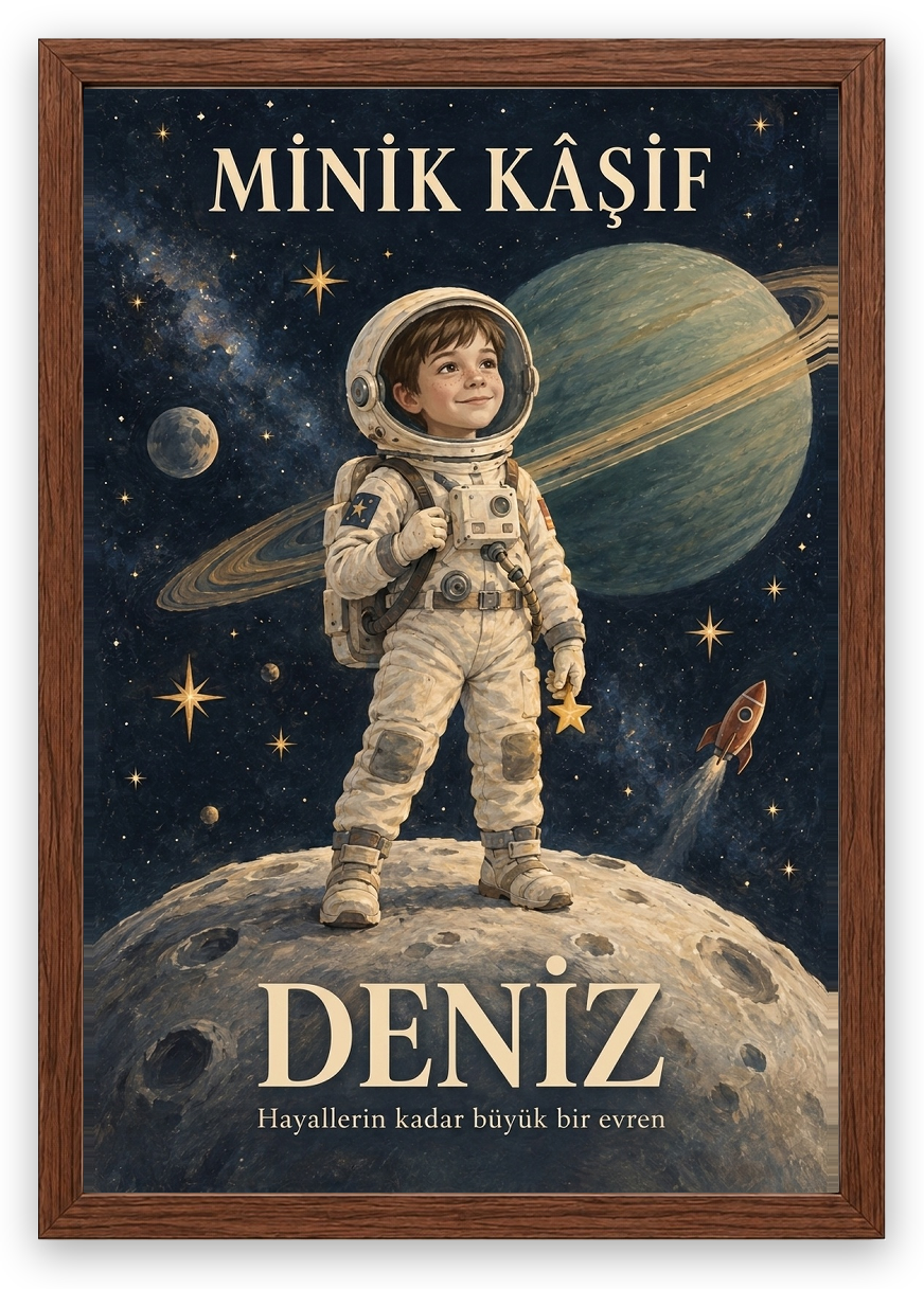 Minik Kâşif — Ceviz çerçeve, kişiselleştirilmiş örnek tasarım