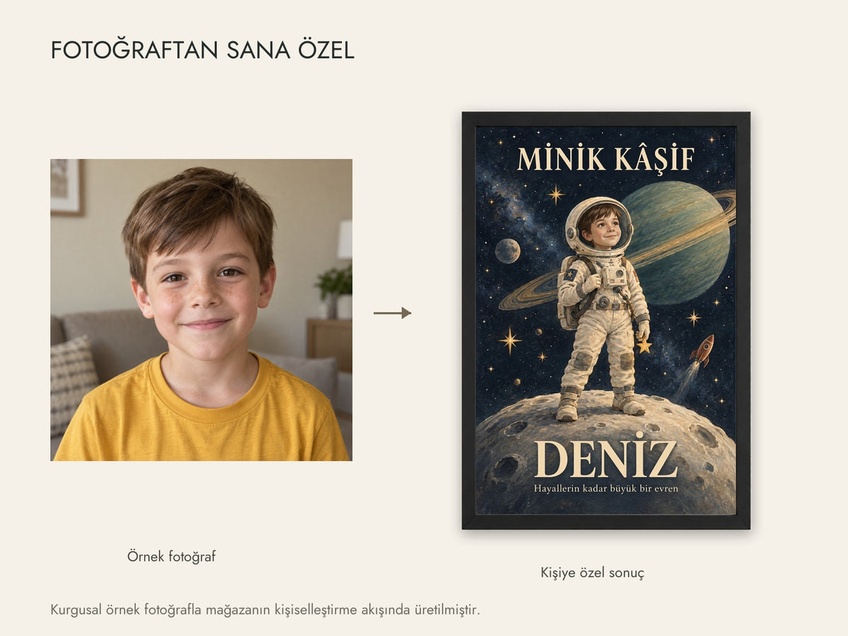 Kurgusal örnek fotoğraf ve aynı fotoğrafın canlı kişiselleştirme sonucu; müşteri fotoğrafı değildir