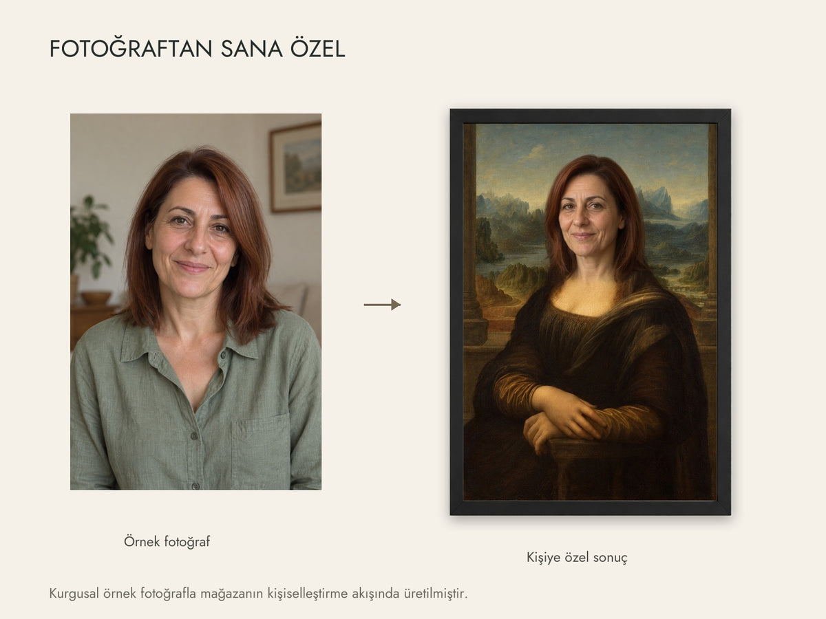 Kurgusal örnek fotoğraf ve aynı fotoğrafın canlı kişiselleştirme sonucu; müşteri fotoğrafı değildir