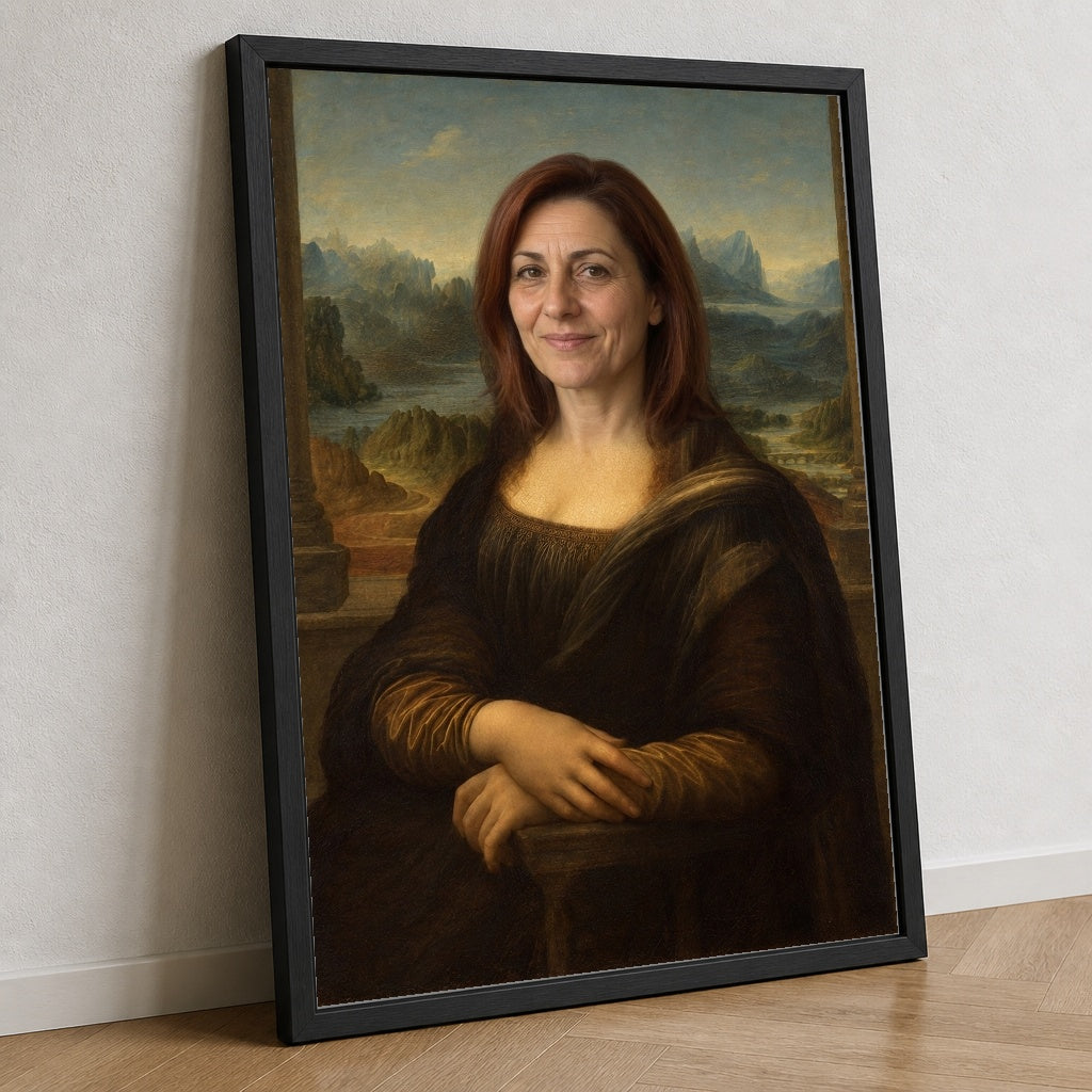 Mona Lisa Portresi — Yakın görünüm; tasarım gerçek çerçeve sahnesine yerleştirilmiştir