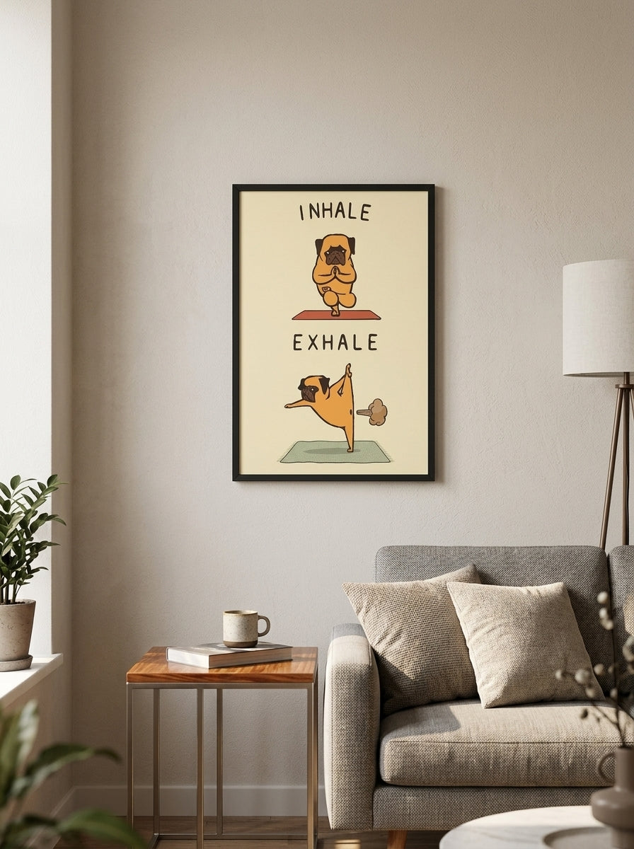Nefes Egzersizi Köpeği – Eğlenceli Çerçeveli Poster — Siyah Çerçeve — TabloLab