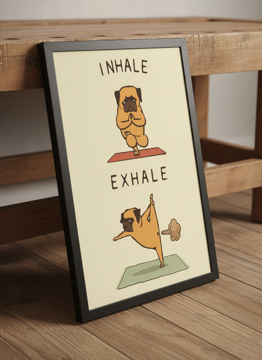 Nefes Egzersizi Köpeği – Eğlenceli Çerçeveli Poster — Siyah Çerçeve — TabloLab