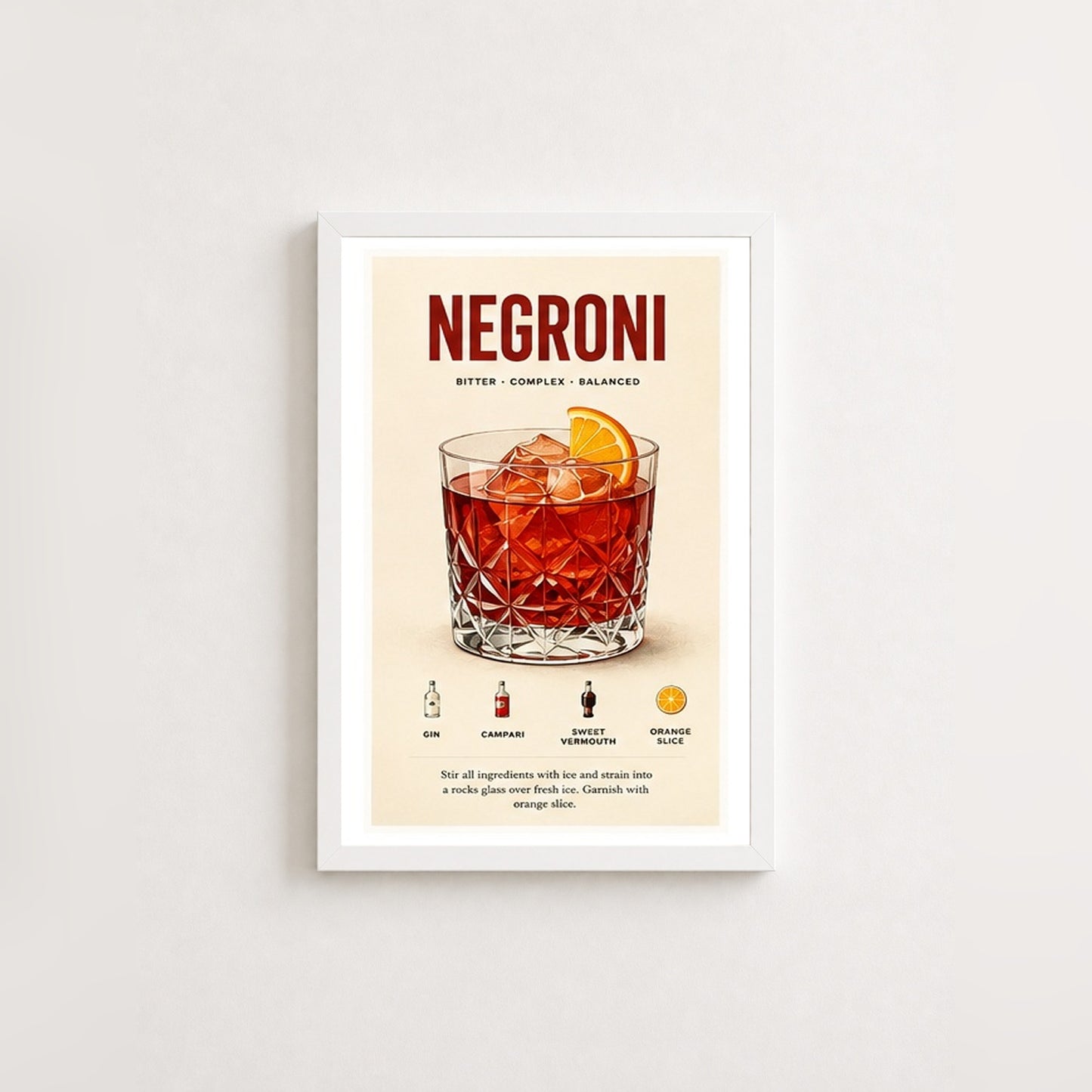 Negroni Kokteyl Tarifi – Vintage Çerçeveli Poster — Beyaz — Paspartulu — TabloLab