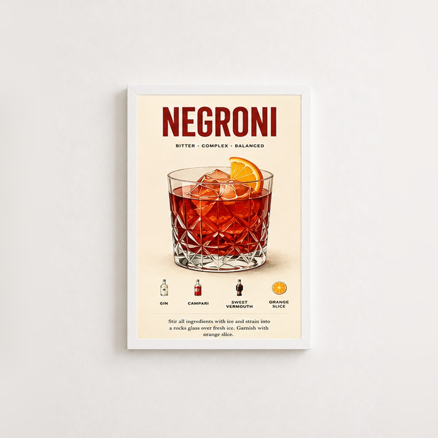 Negroni Kokteyl Tarifi – Vintage Çerçeveli Poster — Beyaz — Paspartusuz — TabloLab