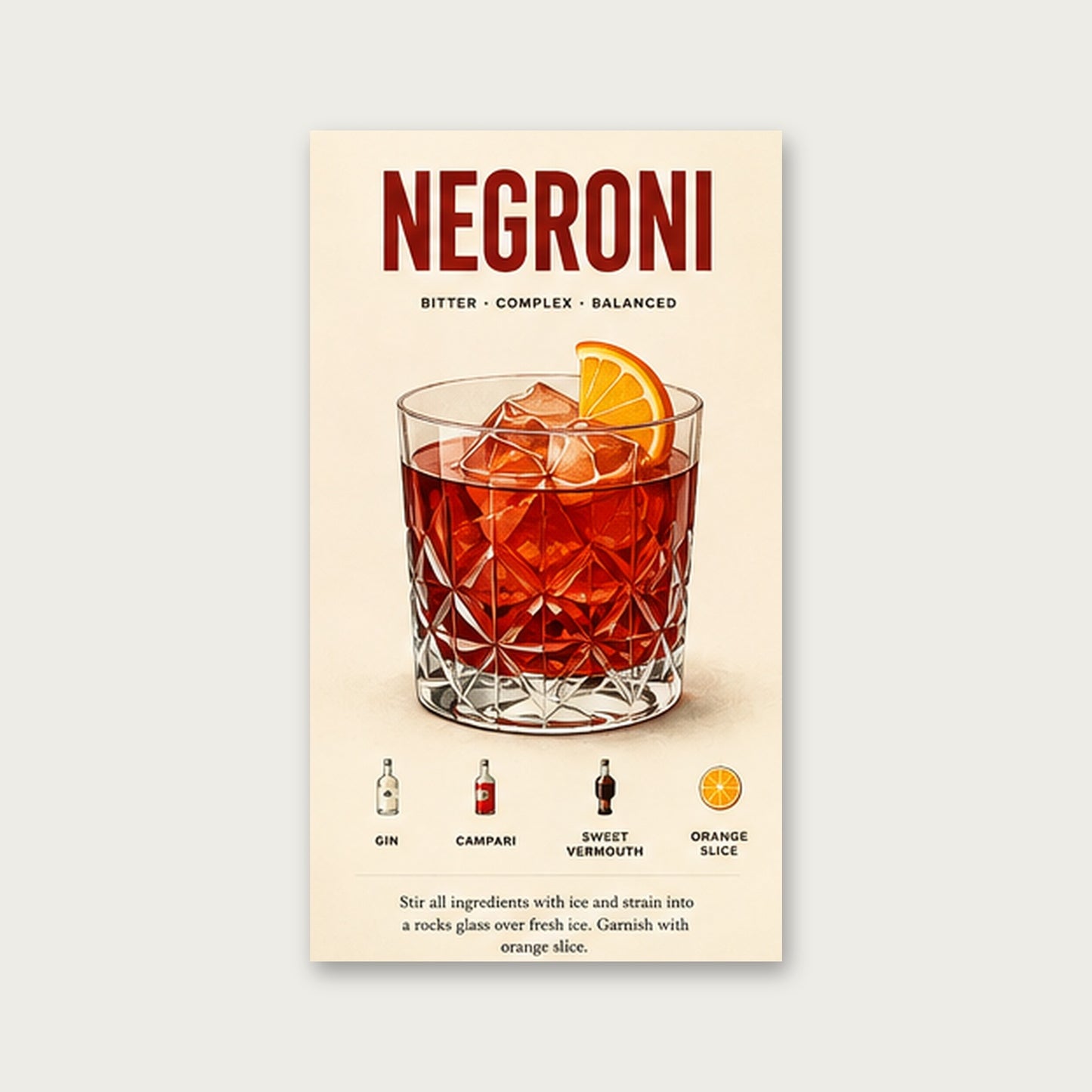 Negroni Kokteyl Tarifi – Vintage Çerçeveli Poster — Çerçevesiz — Paspartusuz — TabloLab