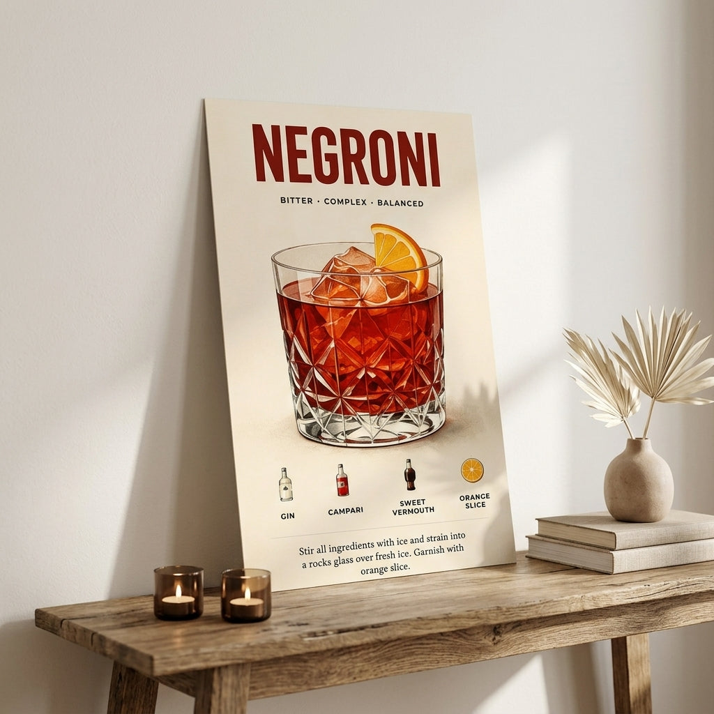 Negroni Kokteyl Tarifi – Vintage Çerçeveli Poster — Çerçevesiz — Paspartusuz — TabloLab