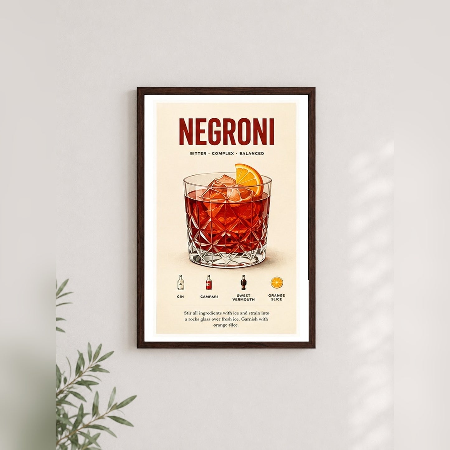 Negroni Kokteyl Tarifi – Vintage Çerçeveli Poster — Ceviz — Paspartulu — TabloLab