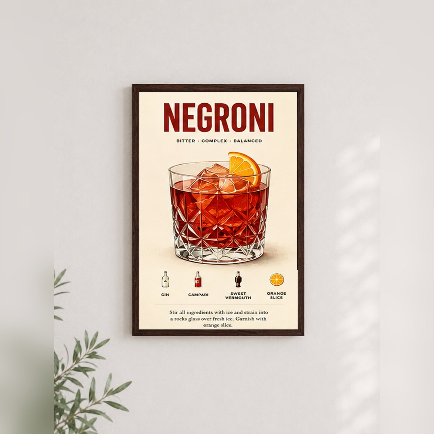 Negroni Kokteyl Tarifi – Vintage Çerçeveli Poster — Ceviz — Paspartusuz — TabloLab