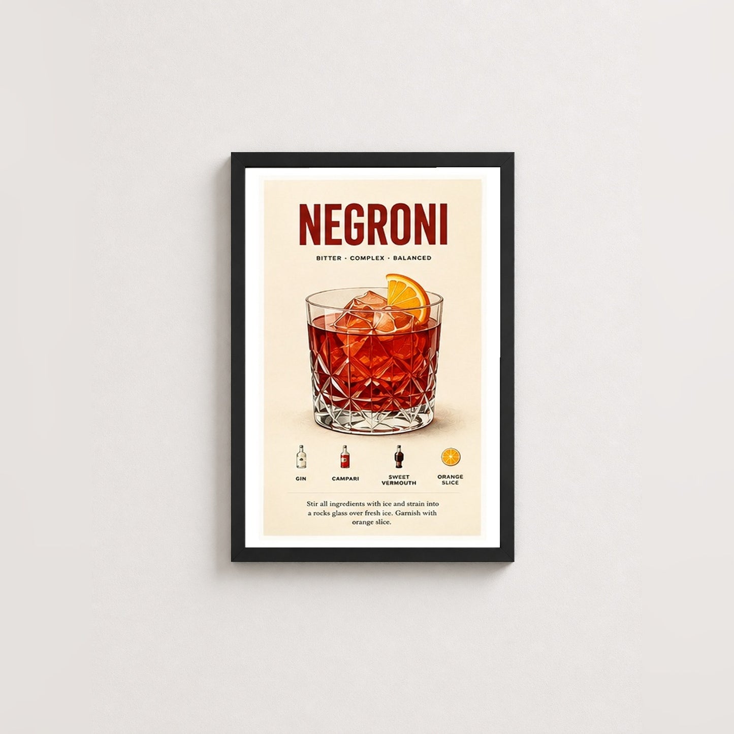 Negroni Kokteyl Tarifi – Vintage Çerçeveli Poster — Siyah — Paspartulu — TabloLab