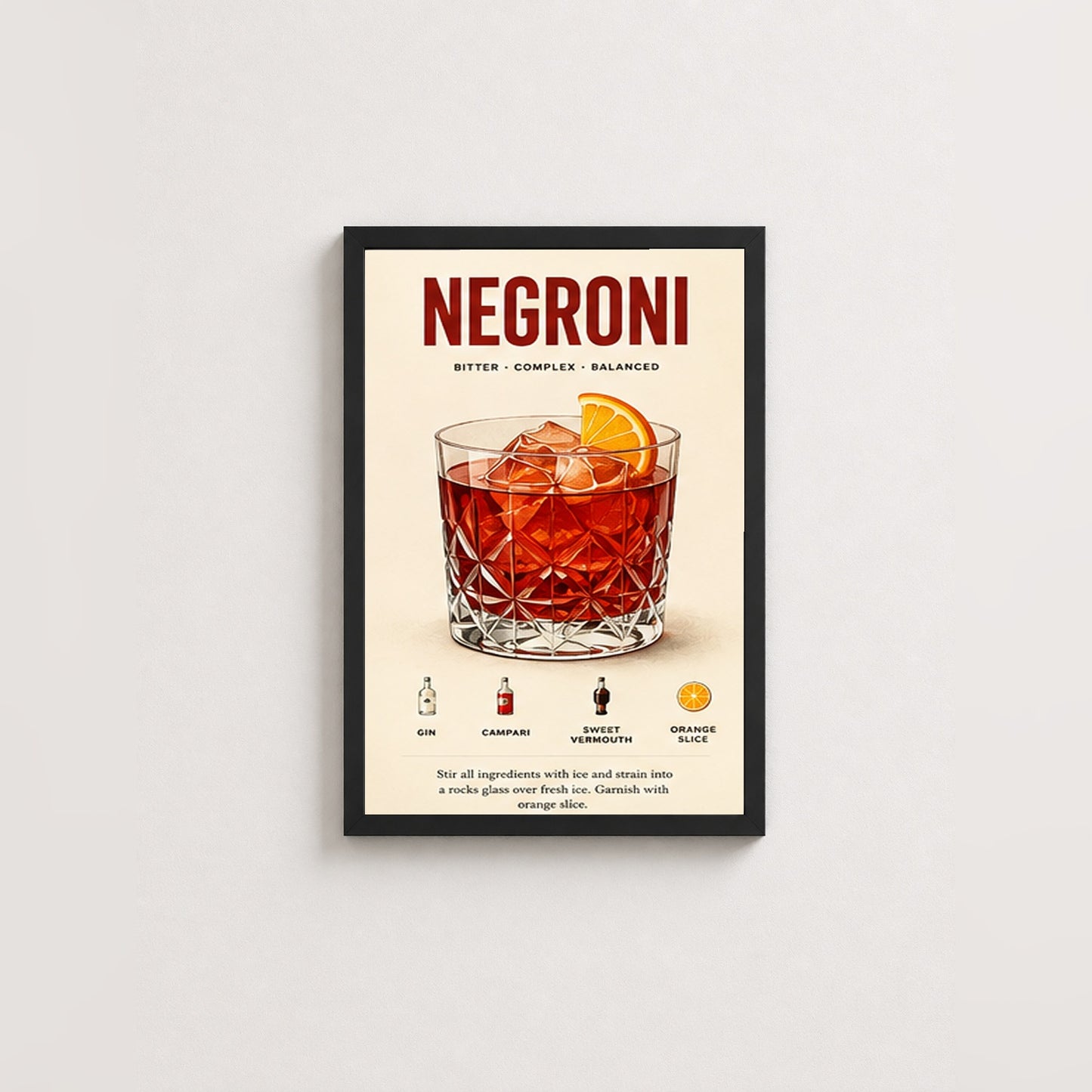 Negroni Kokteyl Tarifi – Vintage Çerçeveli Poster — Siyah — Paspartusuz — TabloLab