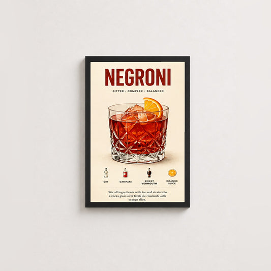 Negroni Kokteyl Tarifi – Vintage Çerçeveli Poster — Siyah — Paspartusuz — TabloLab
