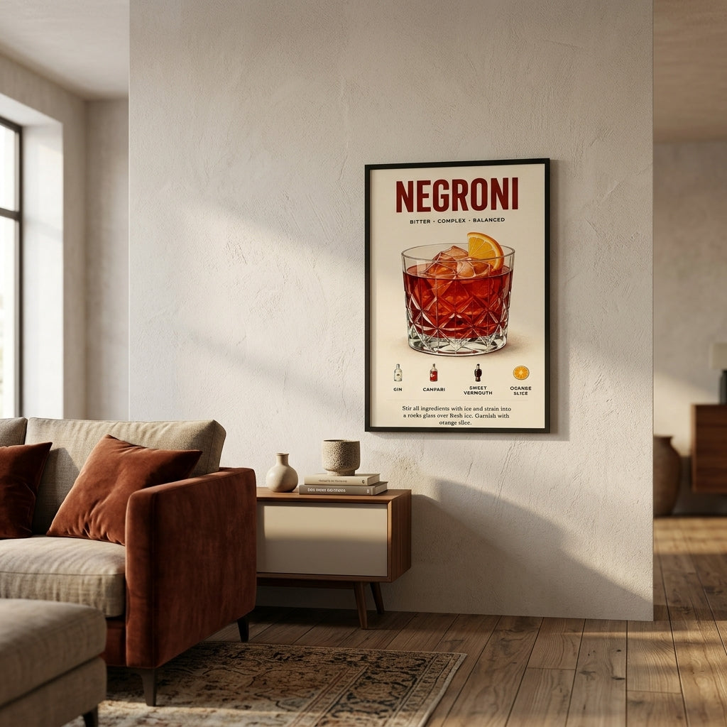 Negroni Kokteyl Tarifi – Vintage Çerçeveli Poster — Siyah — Paspartusuz — TabloLab