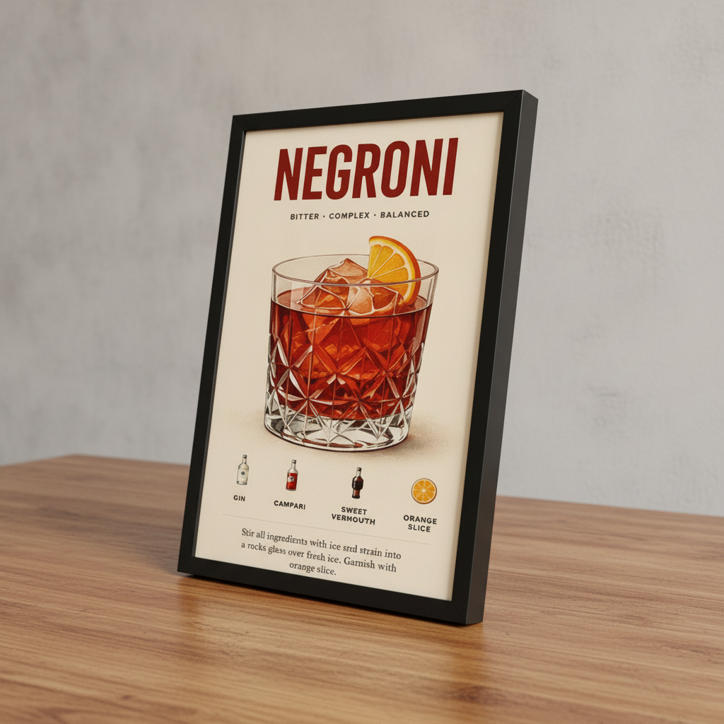 Negroni Kokteyl Tarifi – Vintage Çerçeveli Poster — Siyah — Paspartusuz — TabloLab