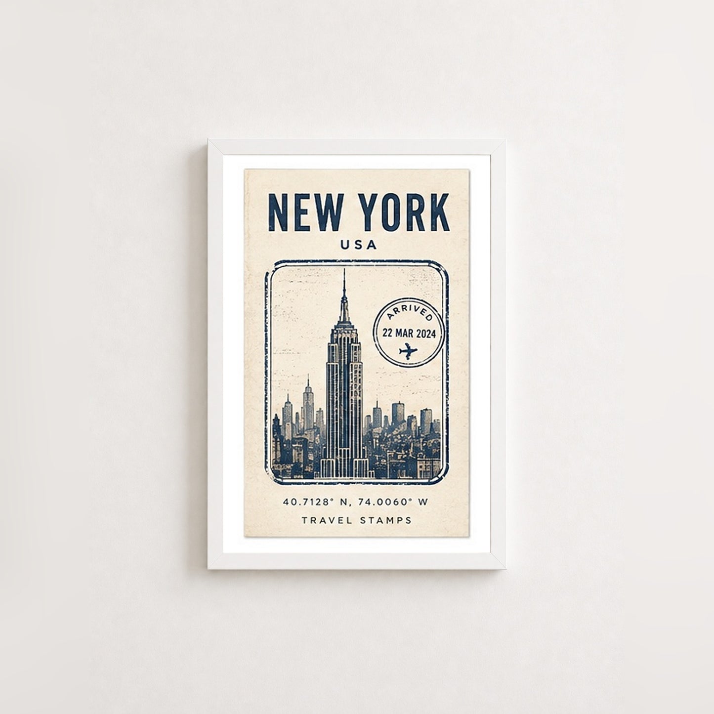 New York Seyahat Hatırası – Vintage Çerçeveli Poster — Beyaz — Paspartulu — TabloLab