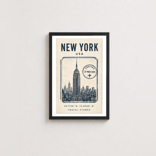 New York Seyahat Hatırası – Vintage Çerçeveli Poster — Siyah — Paspartulu — TabloLab