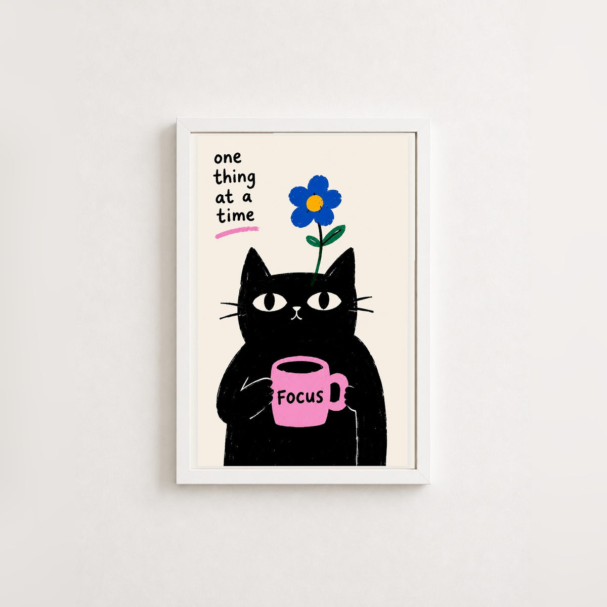 Odaklanan Kedi – İllüstrasyon Çerçeveli Poster — Beyaz — Beyaz Kenarlı — TabloLab