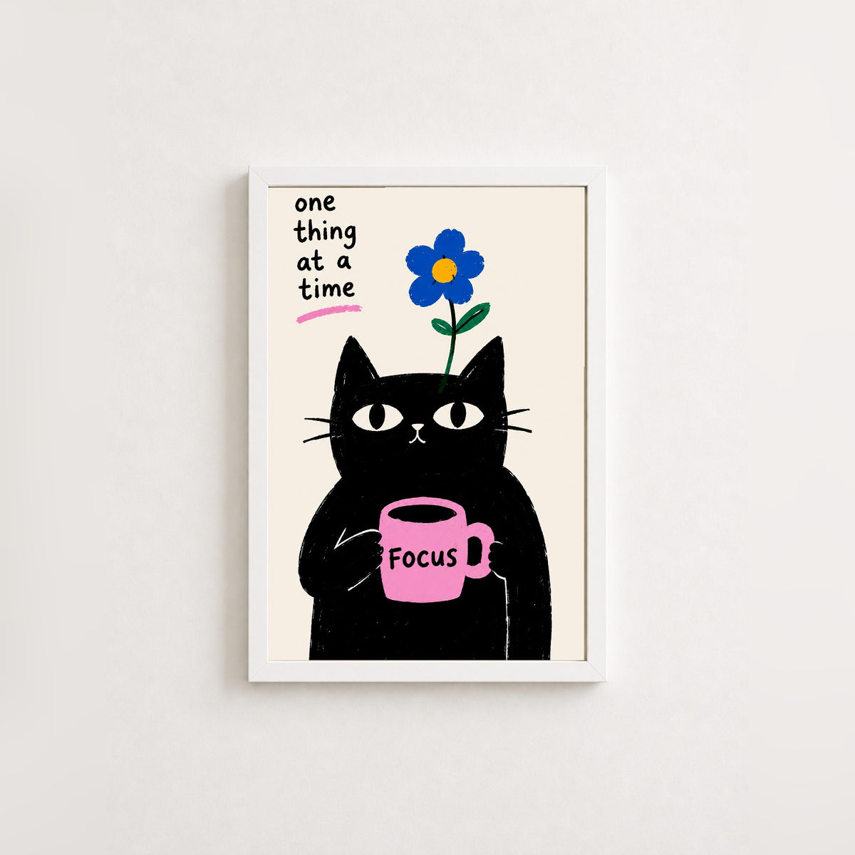Odaklanan Kedi – İllüstrasyon Çerçeveli Poster — Beyaz — Tam Baskı — TabloLab