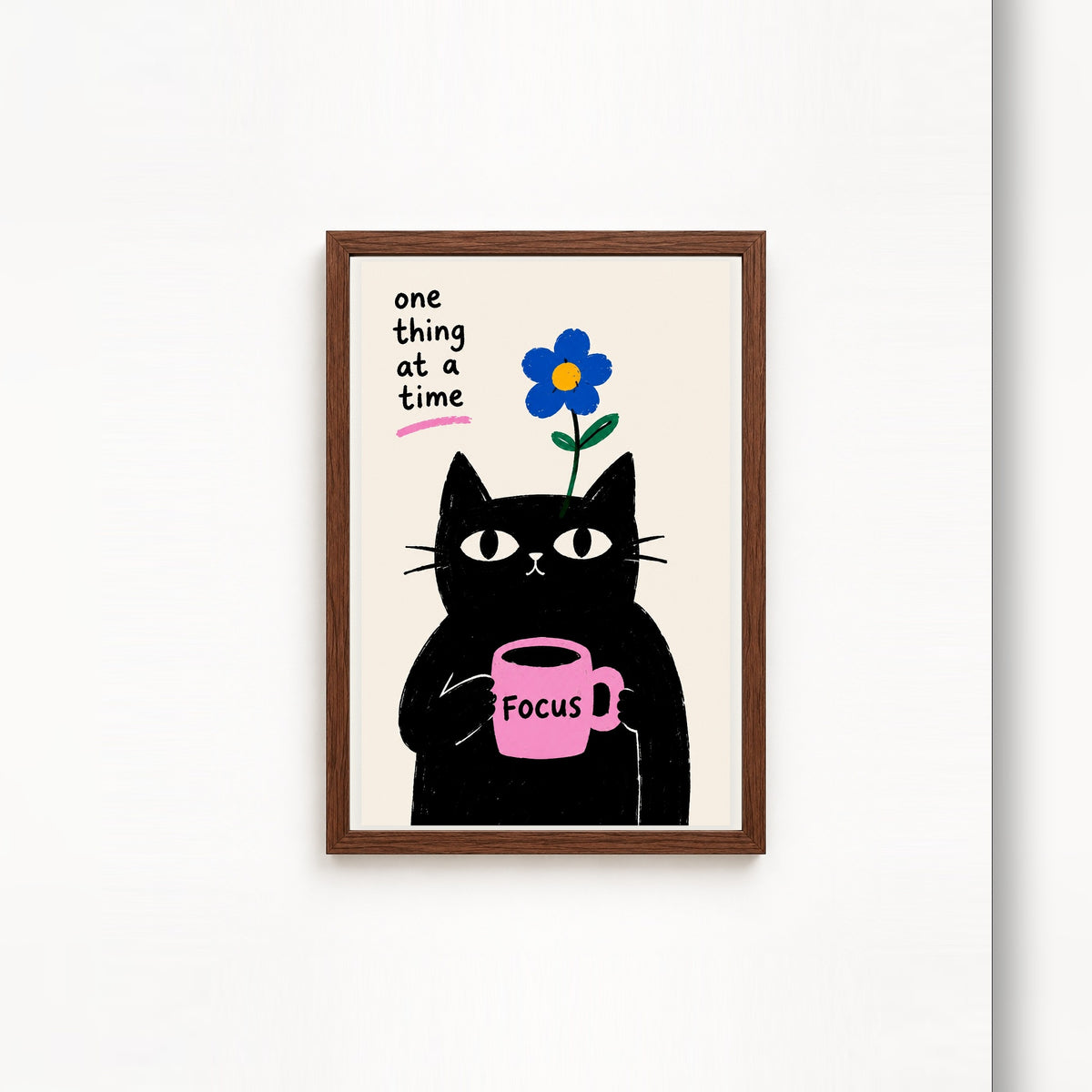 Odaklanan Kedi – İllüstrasyon Çerçeveli Poster — Ceviz — Beyaz Kenarlı — TabloLab