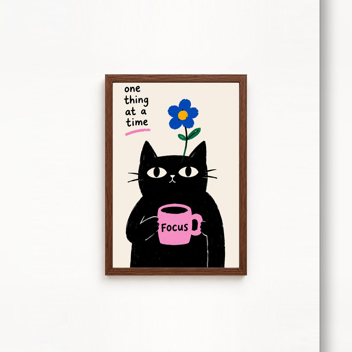 Odaklanan Kedi – İllüstrasyon Çerçeveli Poster — Ceviz — Tam Baskı — TabloLab