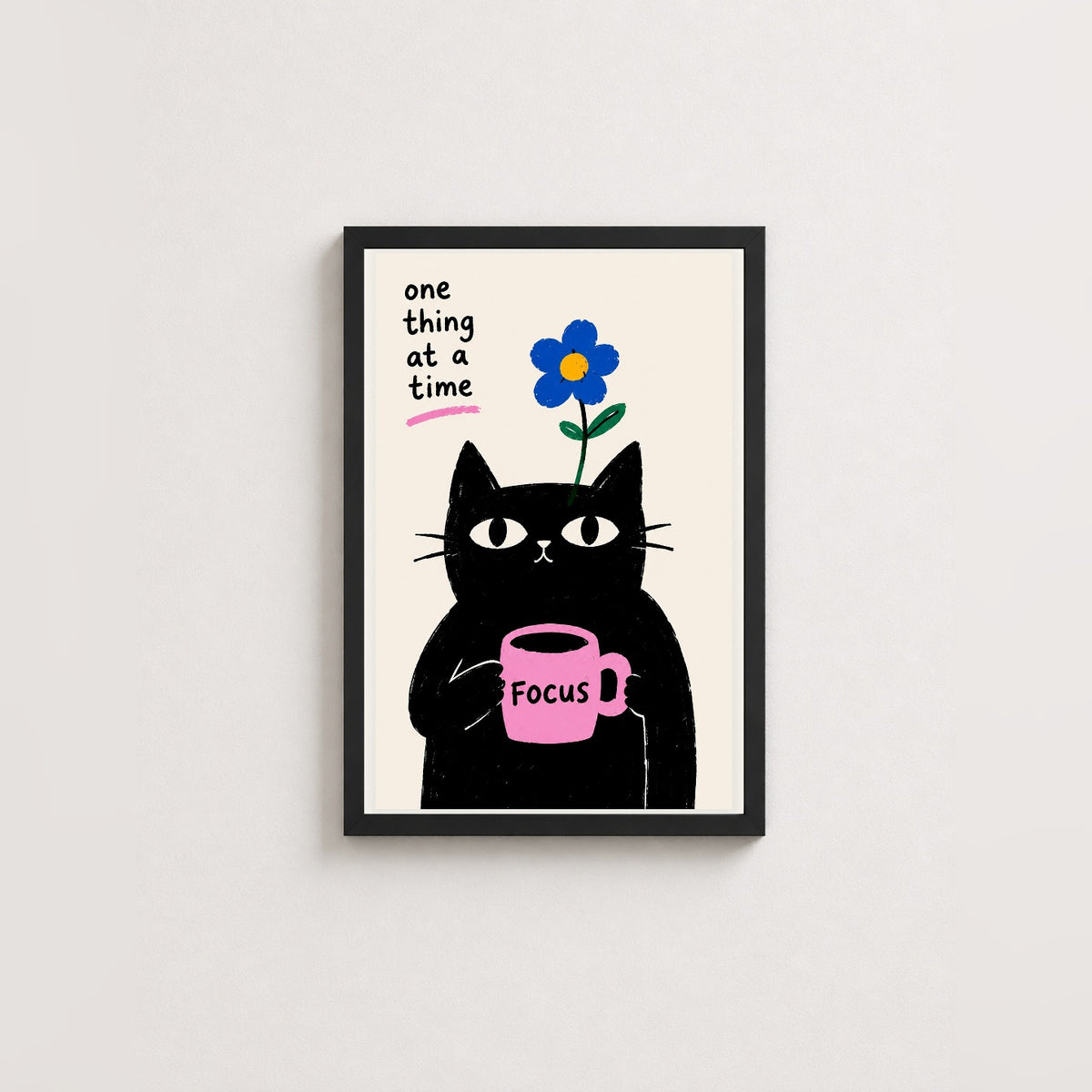 Odaklanan Kedi – İllüstrasyon Çerçeveli Poster — Siyah — Beyaz Kenarlı — TabloLab