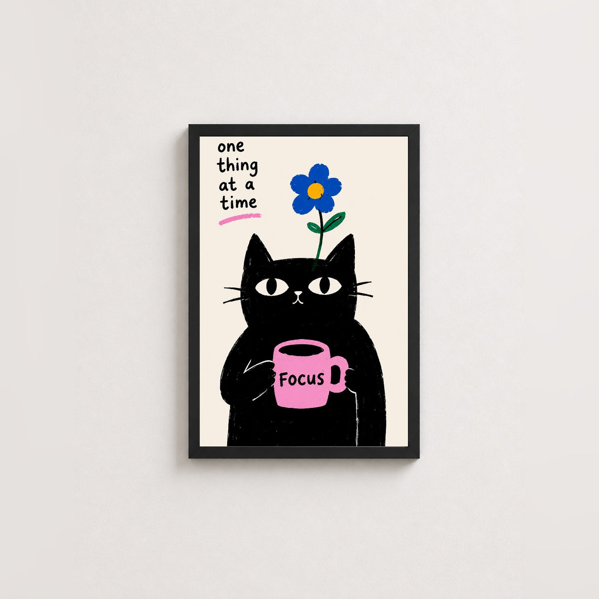 Odaklanan Kedi – İllüstrasyon Çerçeveli Poster — Siyah — Tam Baskı — TabloLab