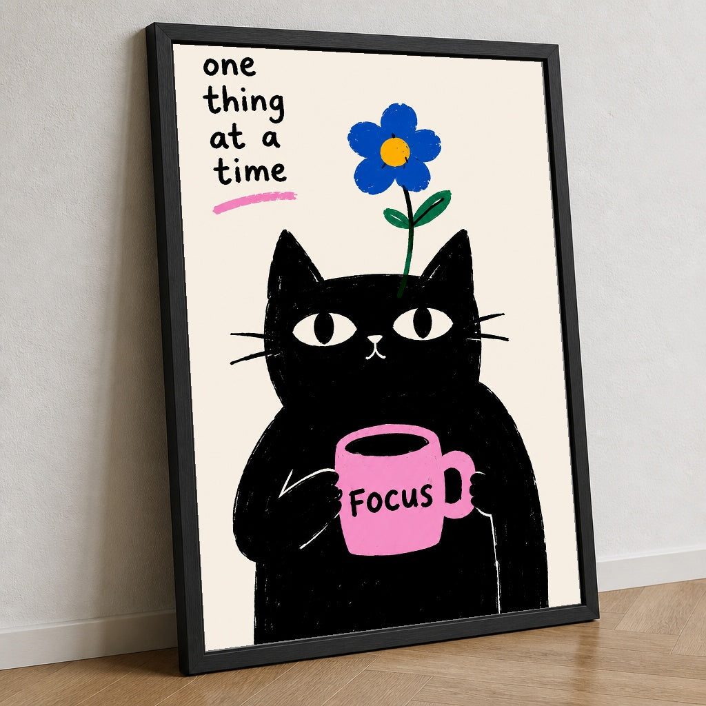 Odaklanan Kedi – İllüstrasyon Çerçeveli Poster — Siyah — Tam Baskı — TabloLab