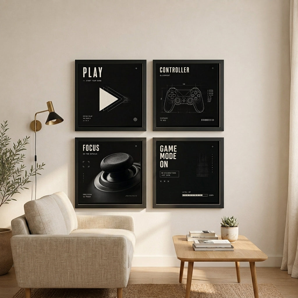 Oyun Başlasın – 4'lü Tablo Seti — Siyah — Tam Baskı — TabloLab