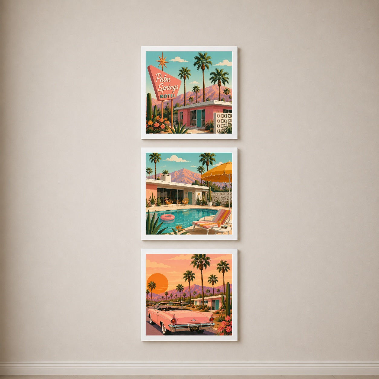 Palm Springs 3’lü Tablo Seti | Retro California İllüstrasyon | Renkli Duvar Dekoru — Beyaz — Tam Baskı — TabloLab