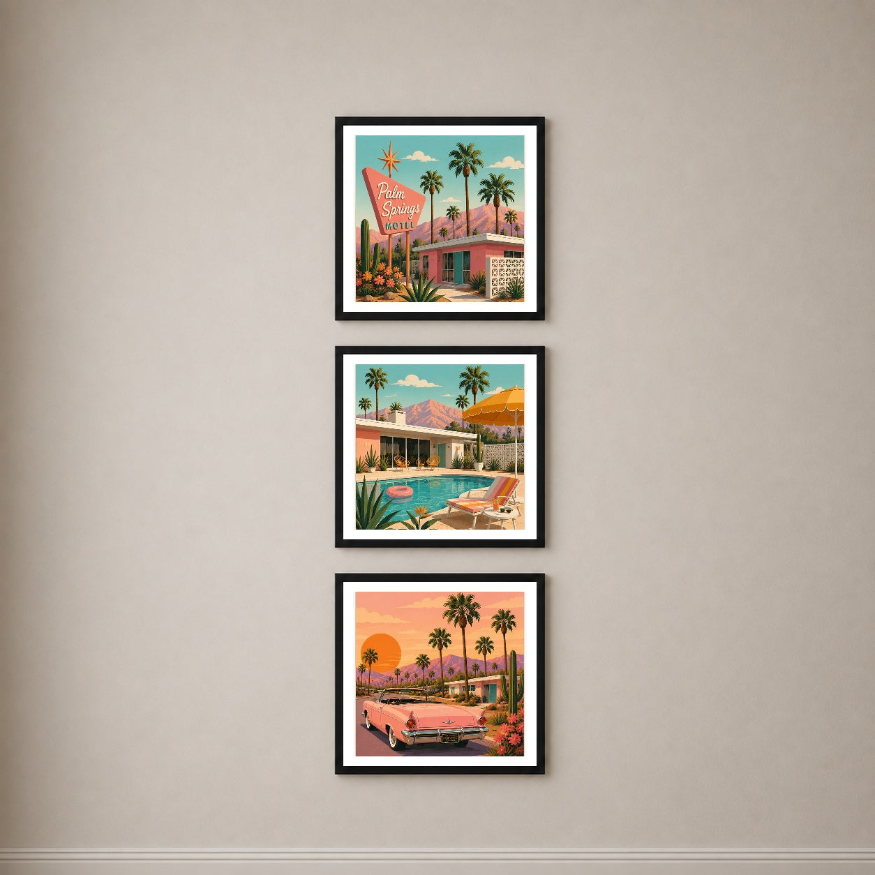 Palm Springs 3’lü Tablo Seti | Retro California İllüstrasyon | Renkli Duvar Dekoru — Siyah — Beyaz Kenarlı — TabloLab