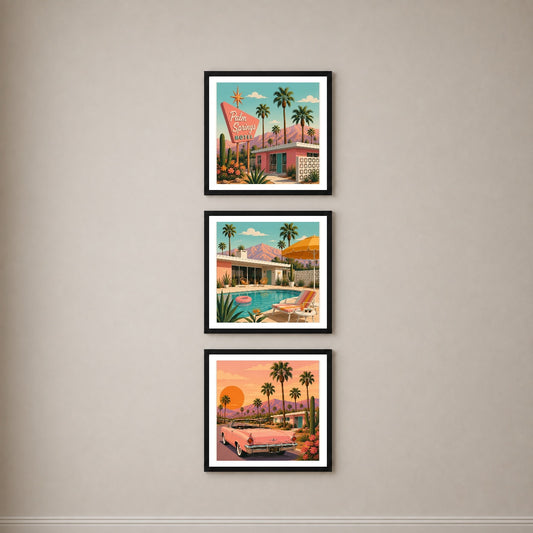 Palm Springs 3’lü Tablo Seti | Retro California İllüstrasyon | Renkli Duvar Dekoru — Siyah — Beyaz Kenarlı — TabloLab