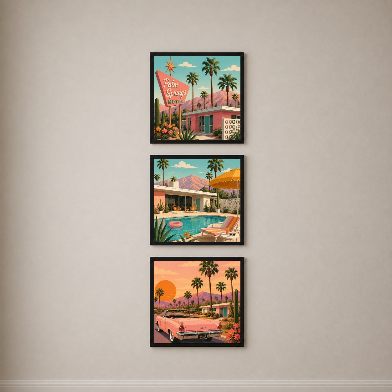 Palm Springs 3’lü Tablo Seti | Retro California İllüstrasyon | Renkli Duvar Dekoru — Siyah — Tam Baskı — TabloLab