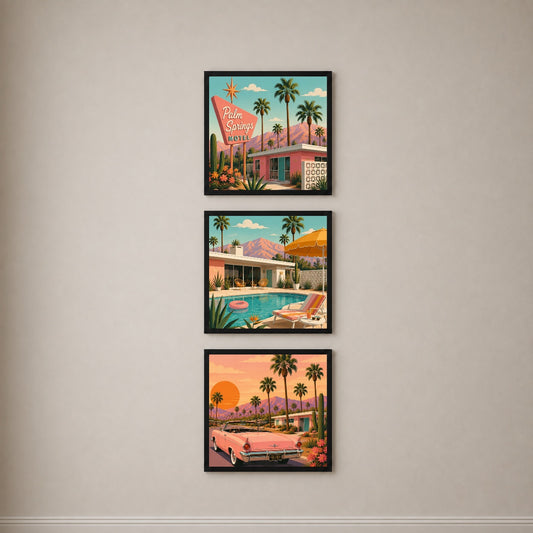 Palm Springs 3’lü Tablo Seti | Retro California İllüstrasyon | Renkli Duvar Dekoru — Siyah — Tam Baskı — TabloLab