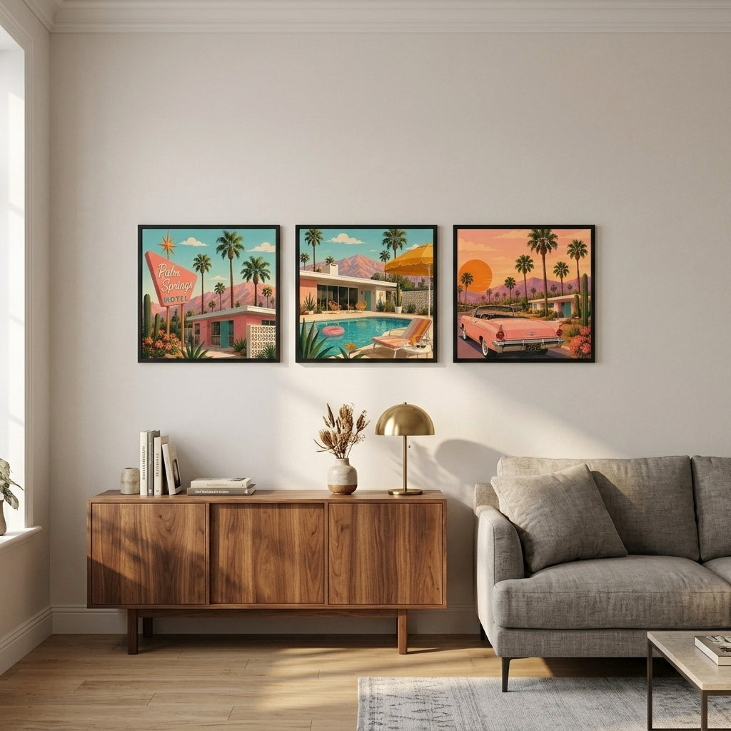 Palm Springs 3’lü Tablo Seti | Retro California İllüstrasyon | Renkli Duvar Dekoru — Siyah — Tam Baskı — TabloLab