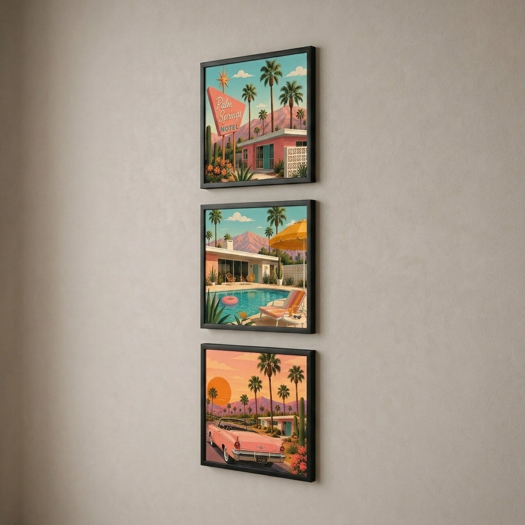 Palm Springs 3’lü Tablo Seti | Retro California İllüstrasyon | Renkli Duvar Dekoru — Siyah — Tam Baskı — TabloLab