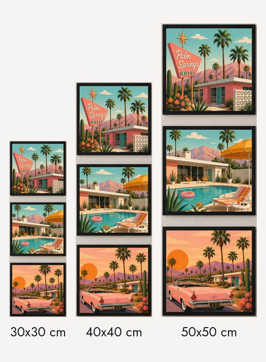 Palm Springs 3’lü Tablo Seti | Retro California İllüstrasyon | Renkli Duvar Dekoru — Siyah — Tam Baskı — TabloLab