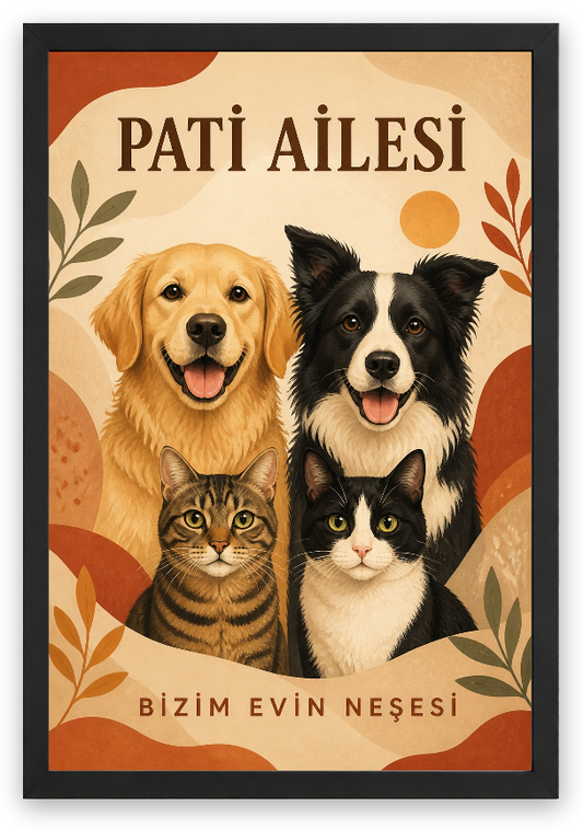 Pati Ailesi – 4 Hayvanlı Kişiselleştirilebilir Poster — Siyah — Tam Baskı — TabloLab