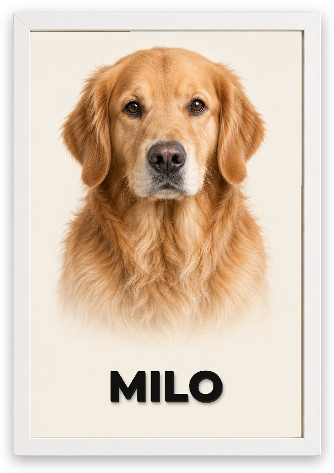 3D Pet Lab — gerçek Beyaz çerçeve, MILO isim örneği