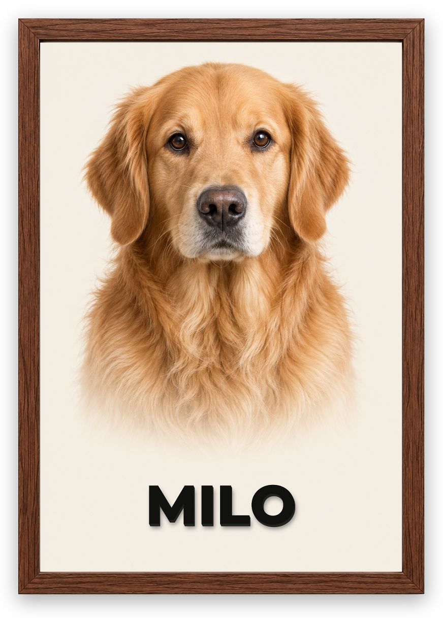 3D Pet Lab — gerçek Ceviz çerçeve, MILO isim örneği