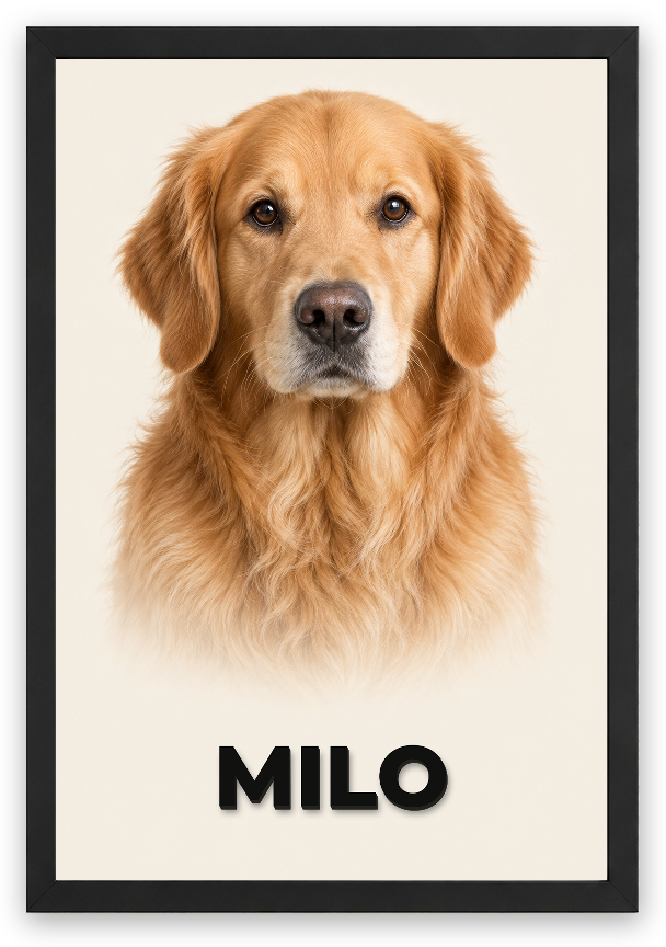 3D Pet Lab — gerçek Siyah çerçeve, MILO isim örneği