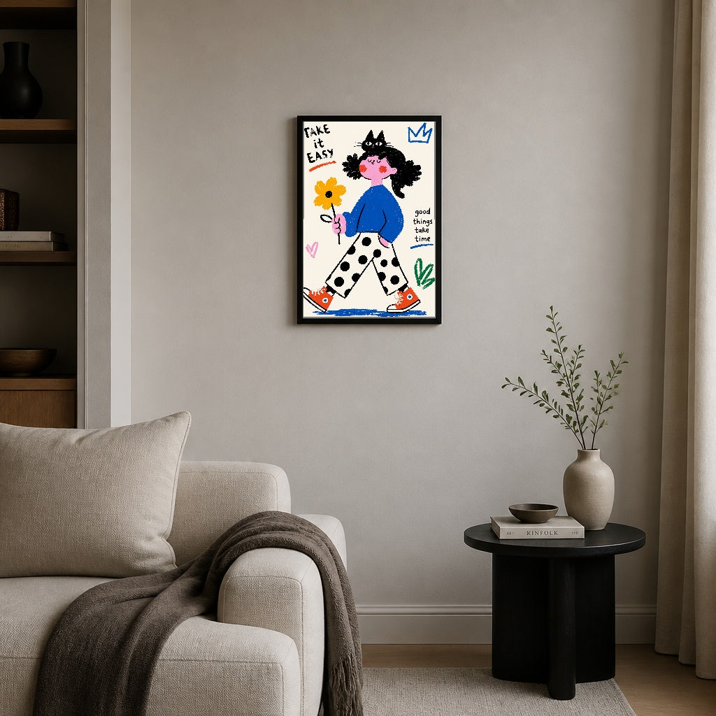 Rahat Adımlar – İllustrasyon Çerçeveli Poster — Siyah — Tam Baskı — TabloLab